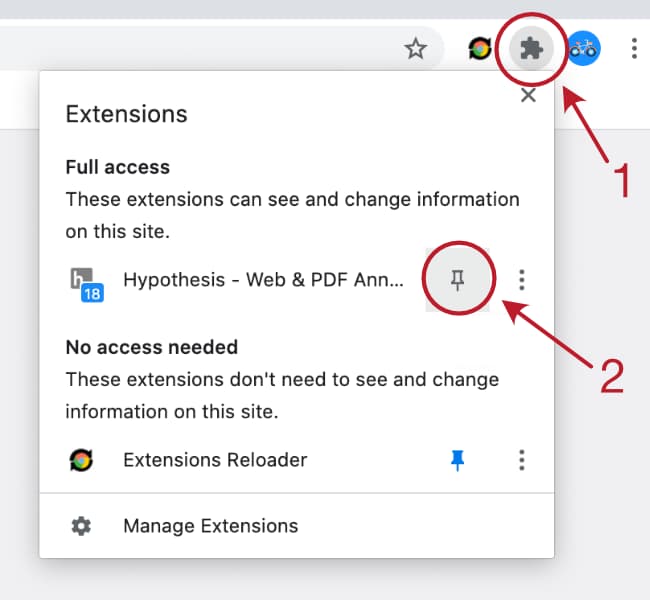 Select the puzzle-piece icon (extension menu) in the Chrome location bar, then 'pin' the Hypothesis extension so it is always available
